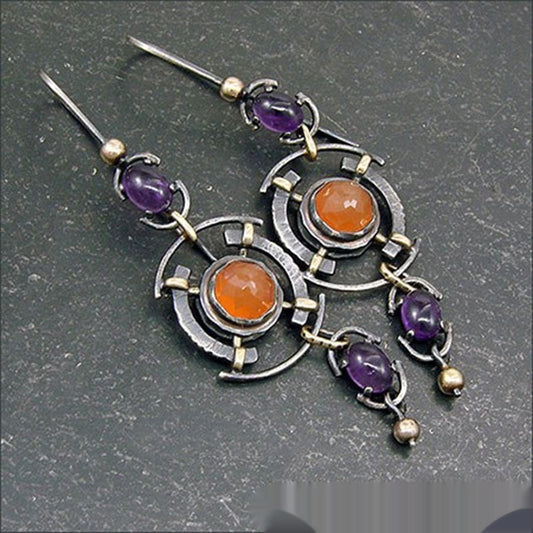 Retro Orange And Deep Purple Gemstone Geometric Pendant Earrings