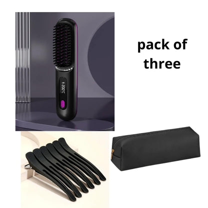 2 In 1 Straight Hair Comb Wireless Hair Straightener Brush Hair Fast Heating Portable Hot Curler USB Charging.