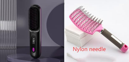 2 In 1 Straight Hair Comb Wireless Hair Straightener Brush Hair Fast Heating Portable Hot Curler USB Charging - Lux Mart London