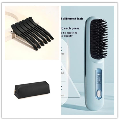 2 In 1 Straight Hair Comb Wireless Hair Straightener Brush Hair Fast Heating Portable Hot Curler USB Charging.