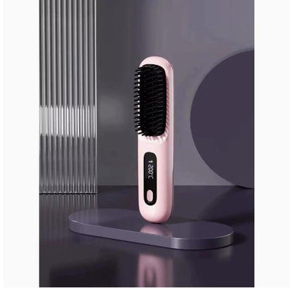 2 In 1 Straight Hair Comb Wireless Hair Straightener Brush Hair Fast Heating Portable Hot Curler USB Charging.