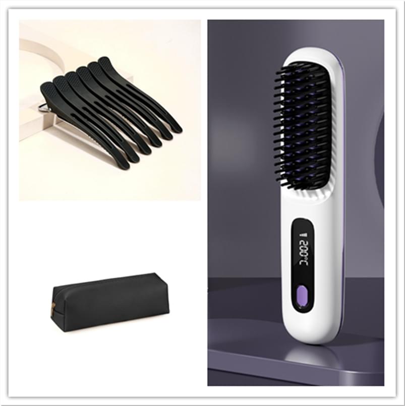 2 In 1 Straight Hair Comb Wireless Hair Straightener Brush Hair Fast Heating Portable Hot Curler USB Charging.