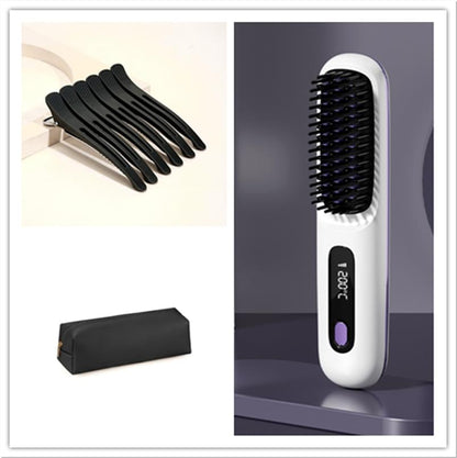 2 In 1 Straight Hair Comb Wireless Hair Straightener Brush Hair Fast Heating Portable Hot Curler USB Charging.