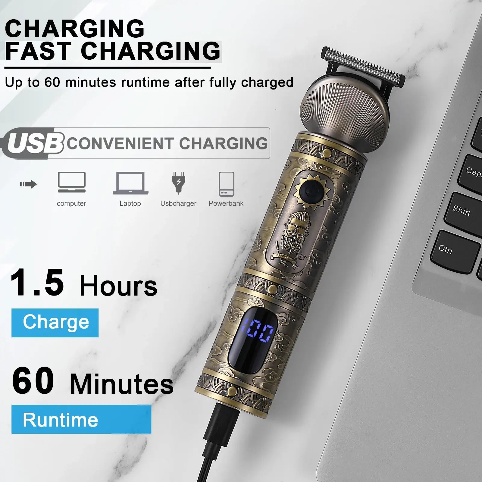 Hatteker Hair Trimmer Professional Hair Clipper Metal Hair Cutting Machine Electric Cordless Rechargeable Trimmer for Men.