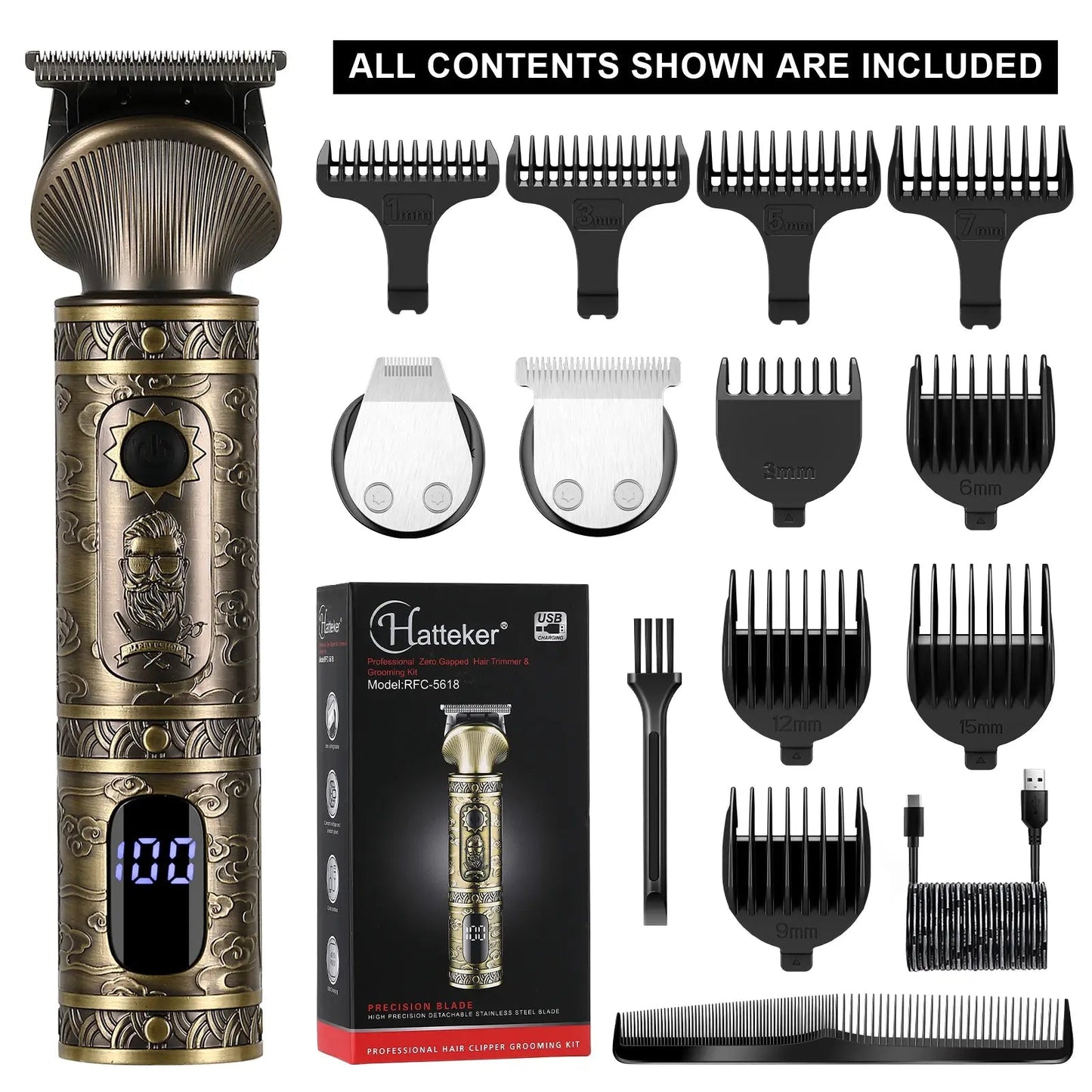 Hatteker Hair Trimmer Professional Hair Clipper Metal Hair Cutting Machine Electric Cordless Rechargeable Trimmer for Men.