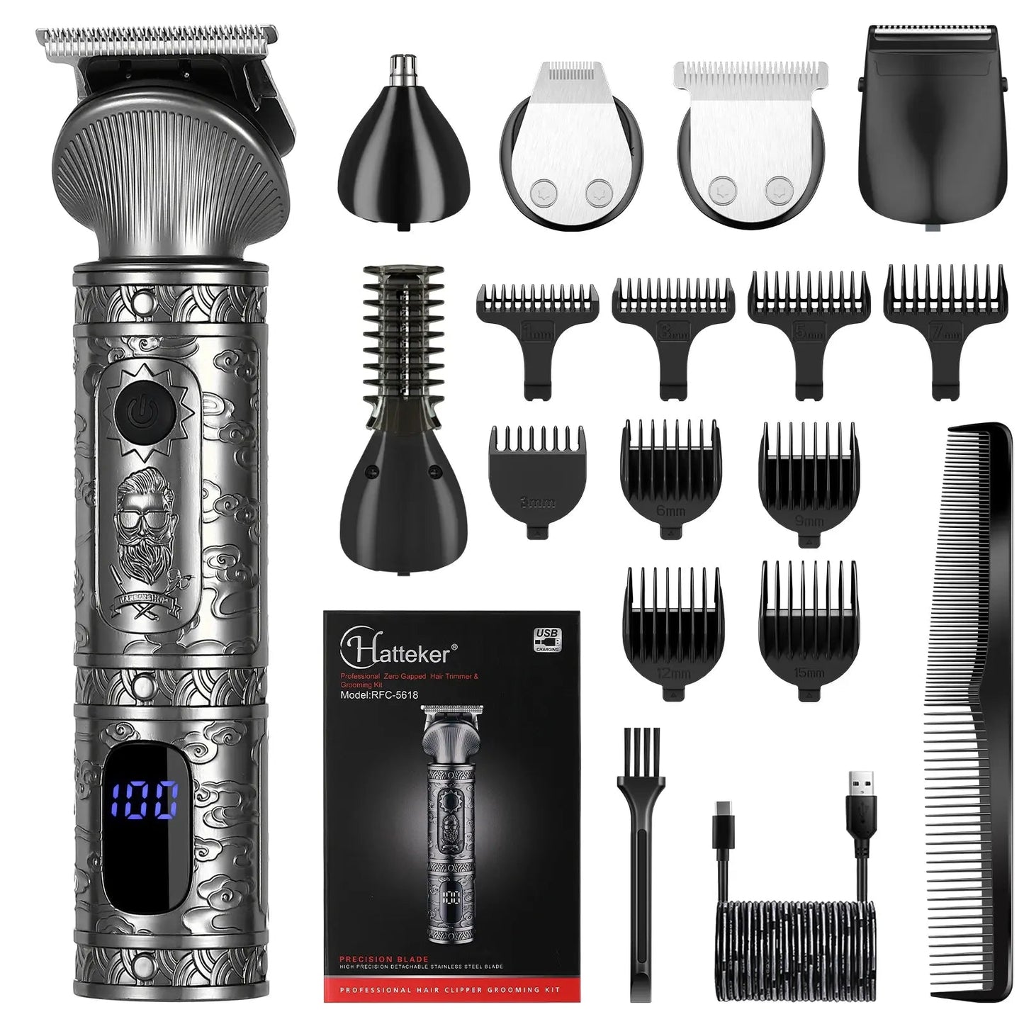 Hatteker Hair Trimmer Professional Hair Clipper Metal Hair Cutting Machine Electric Cordless Rechargeable Trimmer for Men.