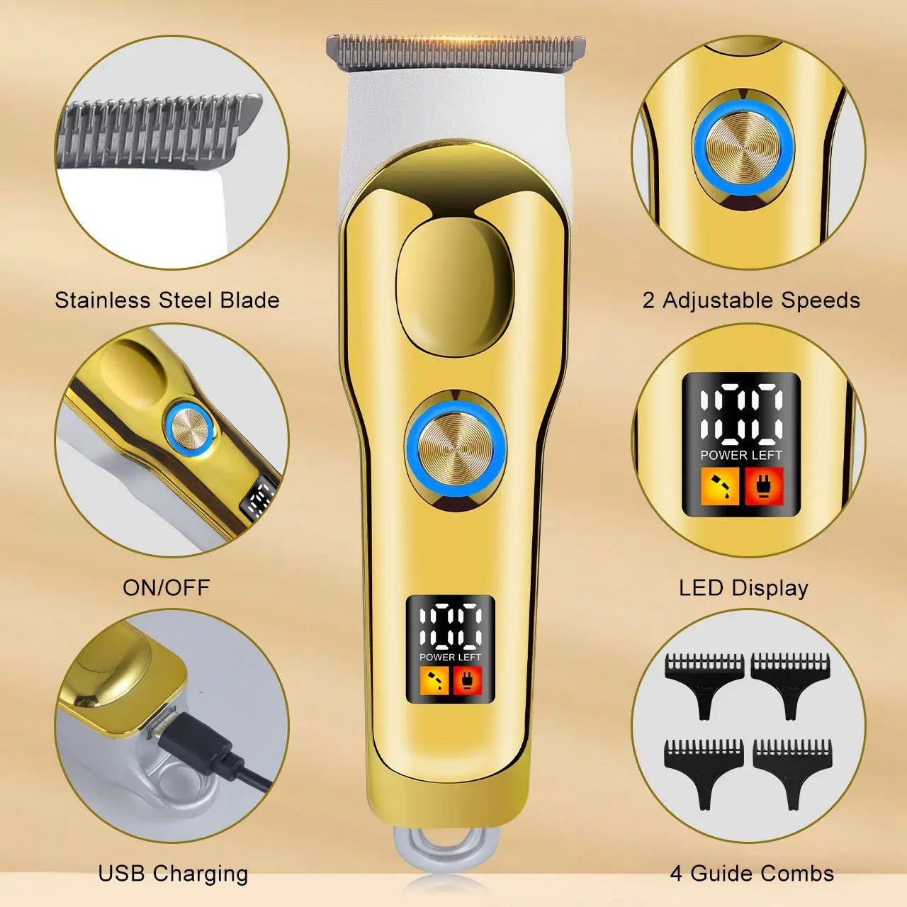 Hatteker Hair Trimmer Professional Hair Clipper Metal Hair Cutting Machine Electric Cordless Rechargeable Trimmer for Men.