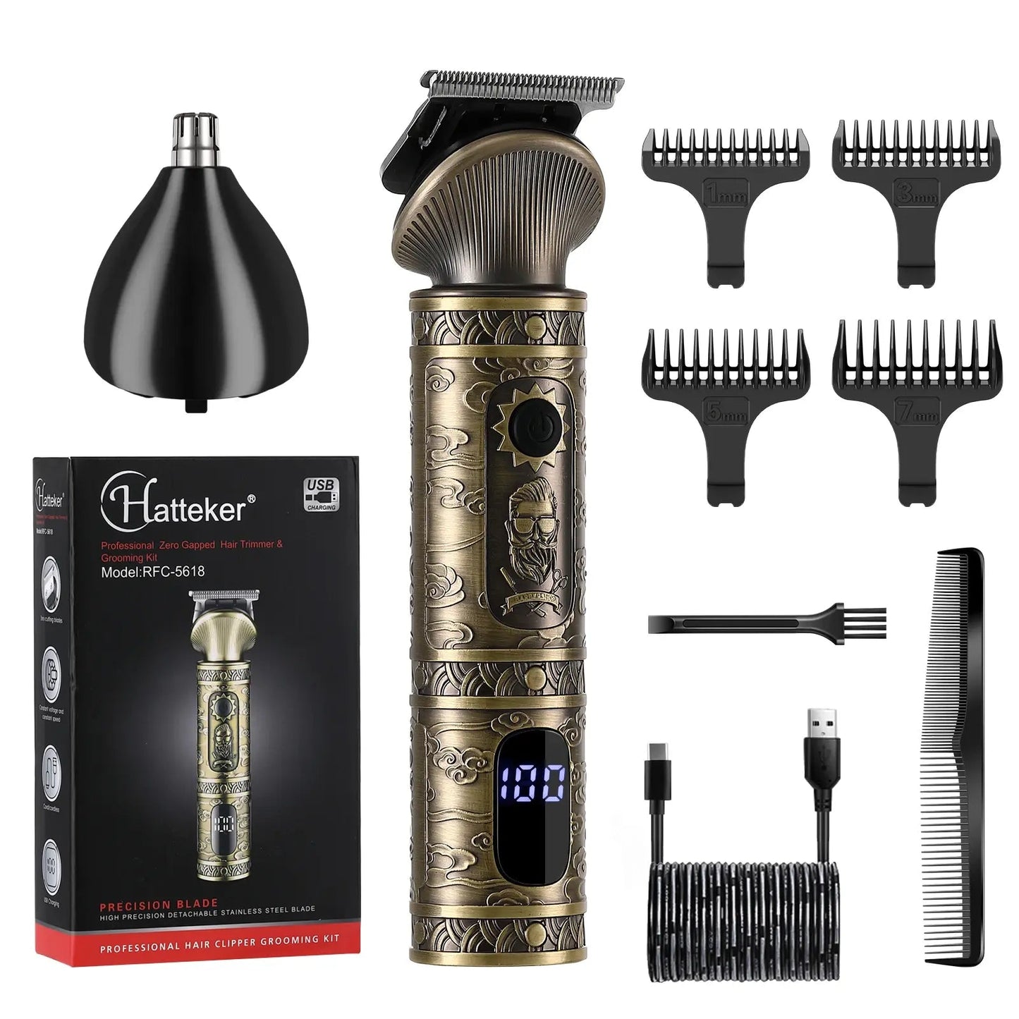 Hatteker Hair Trimmer Professional Hair Clipper Metal Hair Cutting Machine Electric Cordless Rechargeable Trimmer for Men.