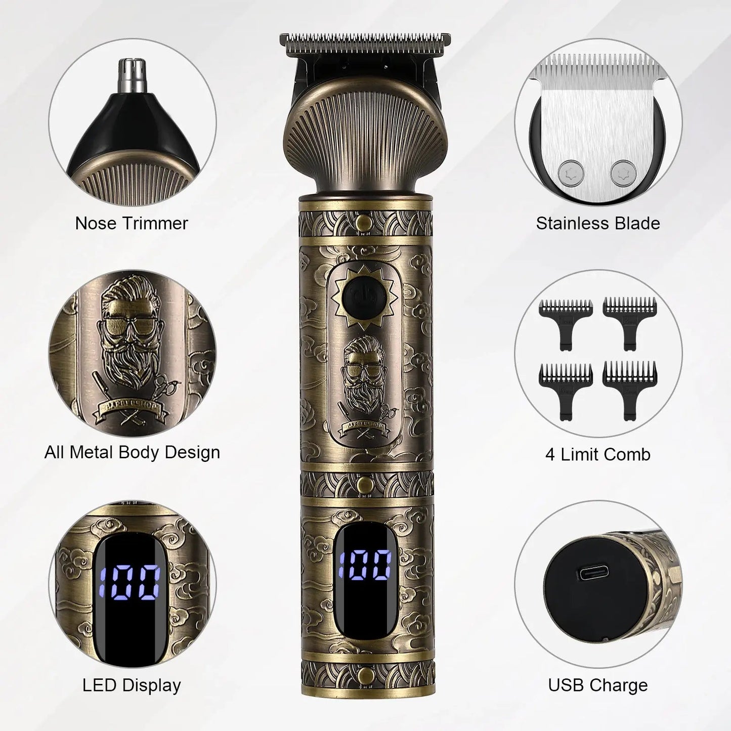 Hatteker Hair Trimmer Professional Hair Clipper Metal Hair Cutting Machine Electric Cordless Rechargeable Trimmer for Men.