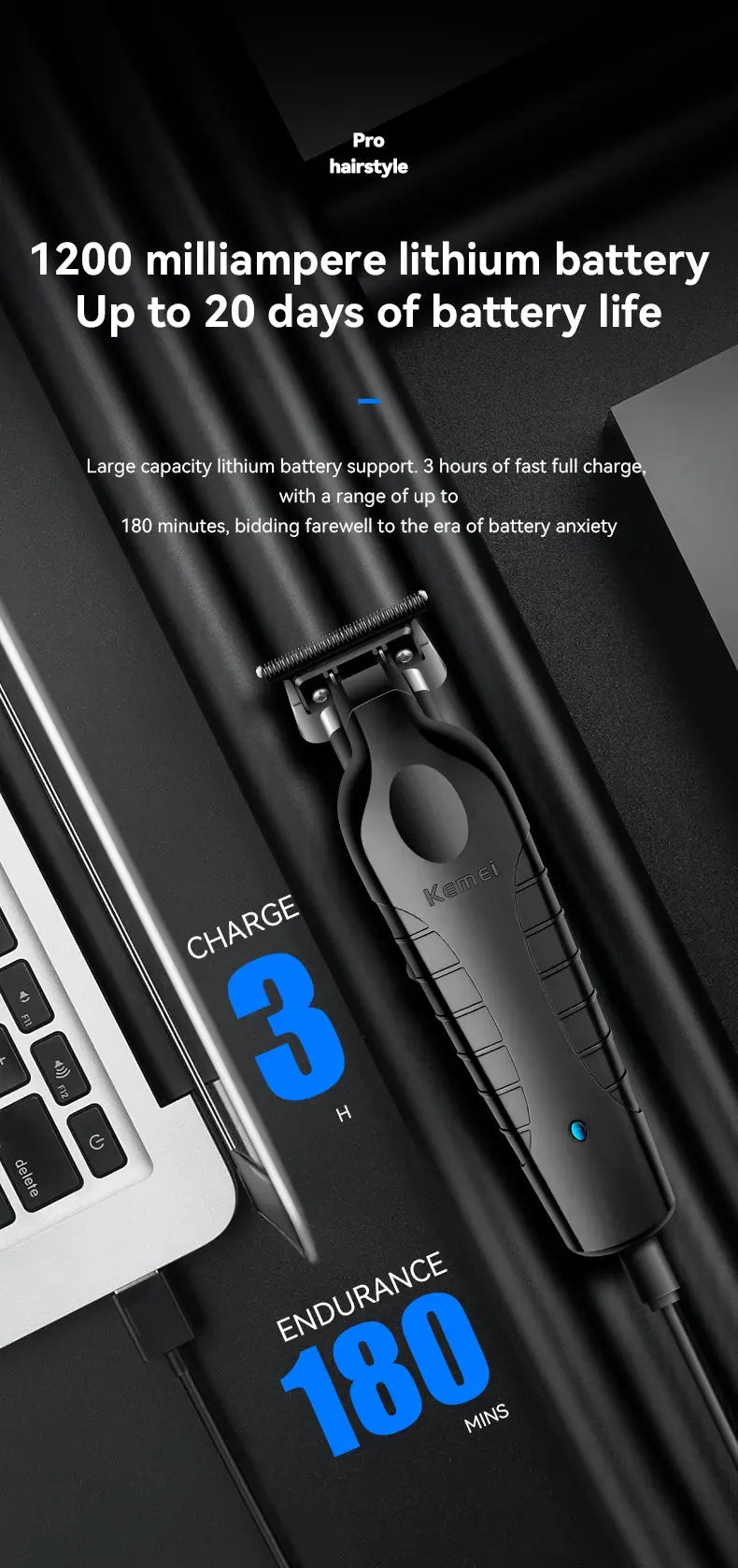 Kemei 2299 Barber Cordless Hair Trimmer 0mm Zero Gapped Carving Clipper Detailer Professional Electric Finish Cutting Machine.