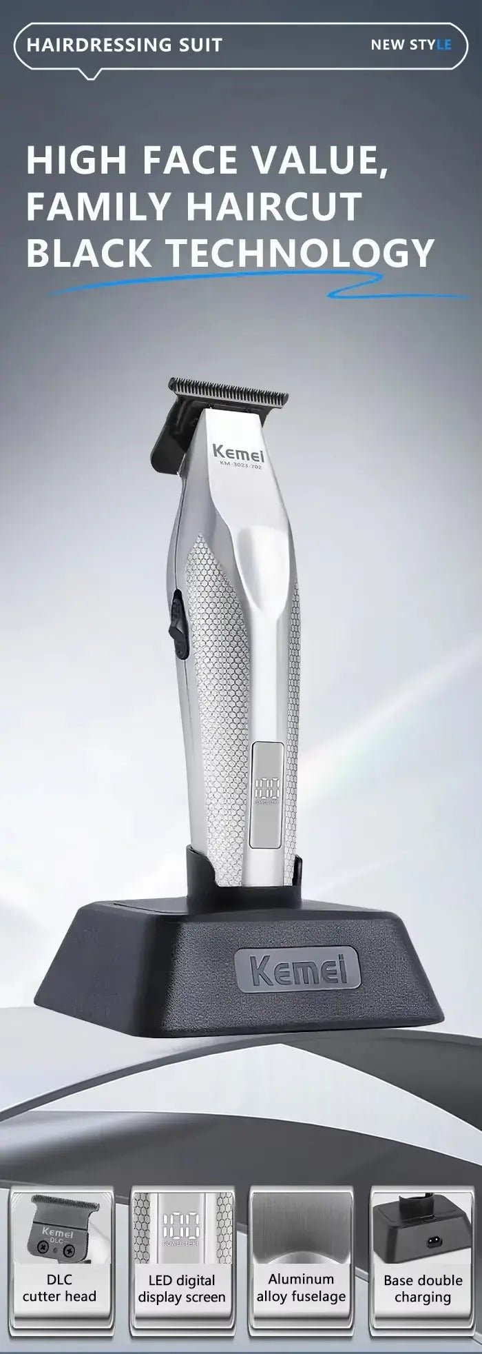 Kemei Hair Trimmer Professional Hair Clipper Electric Haircut Machine Rechargeable Hair Clipper 0 MM Trimmer for Men KM-3023-702.