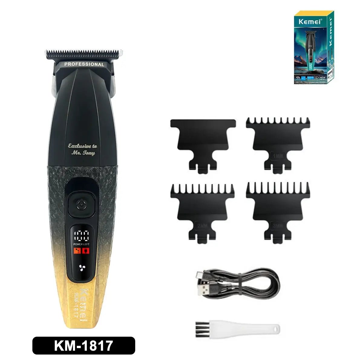 Kemei KM-1817 Hair Trimmer for Men DLC Blade T-Blade 7500RPM Full Metal LCD Display Low Noise Professional Finishing Machine.