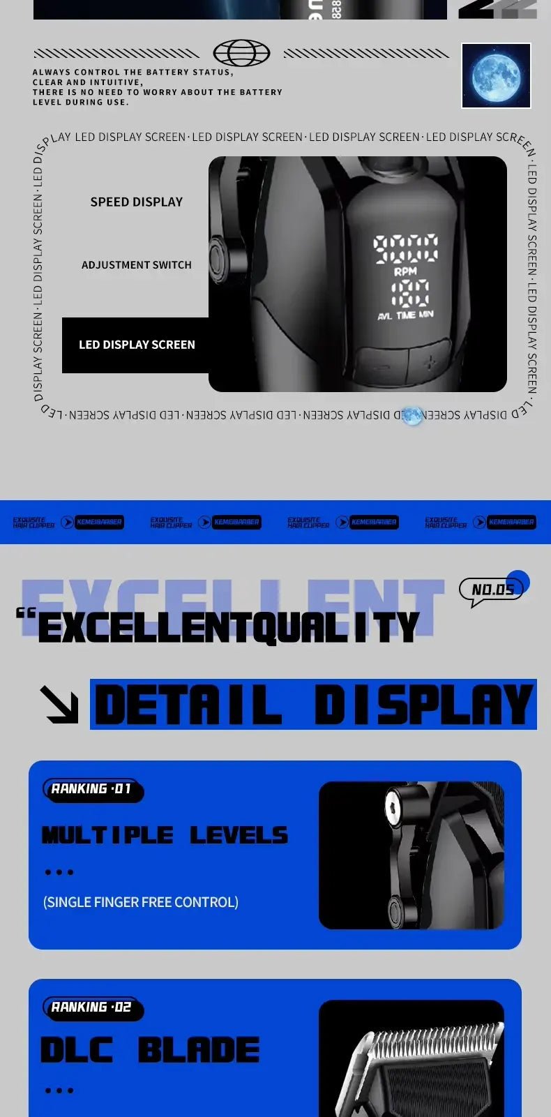Kemei KM-1858 10W Barber Professional Electric Hair Clipper DLC Blade Trimmer Cordless USB Charging Rechargeable Hair Clippers.