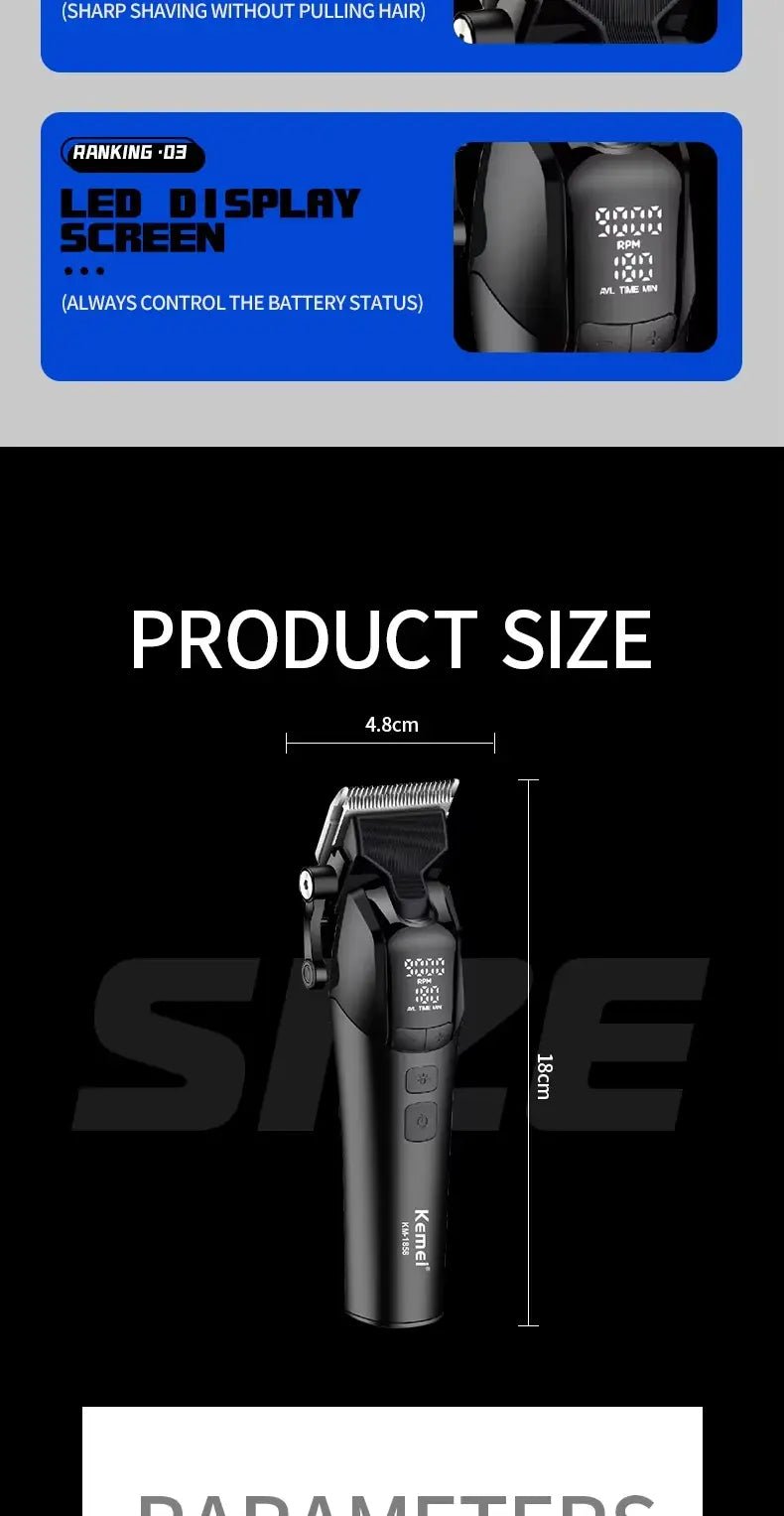 Kemei KM-1858 10W Barber Professional Electric Hair Clipper DLC Blade Trimmer Cordless USB Charging Rechargeable Hair Clippers.