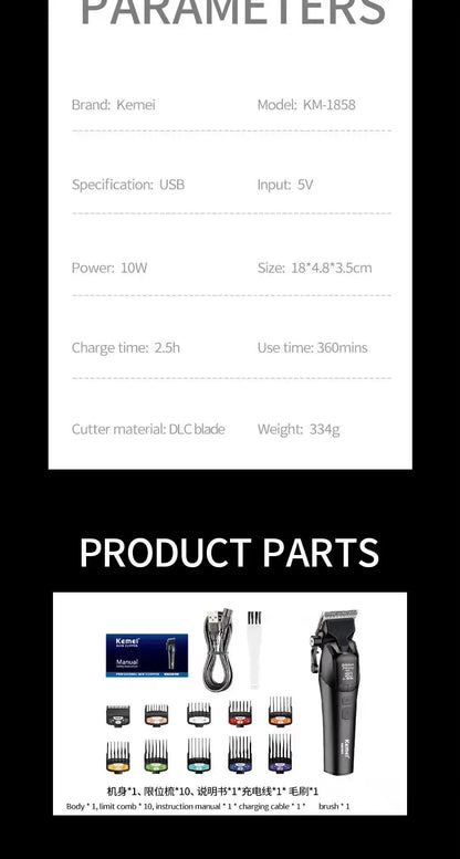 Kemei KM-1858 10W Barber Professional Electric Hair Clipper DLC Blade Trimmer Cordless USB Charging Rechargeable Hair Clippers.