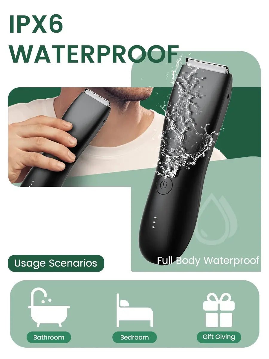 Men's Electric Groin & Body Shaver - Waterproof Dual Head Trimmer Kit w/ LED Light & Foil Blades.