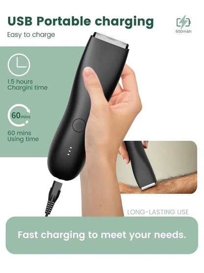 Men's Electric Groin & Body Shaver - Waterproof Dual Head Trimmer Kit w/ LED Light & Foil Blades.