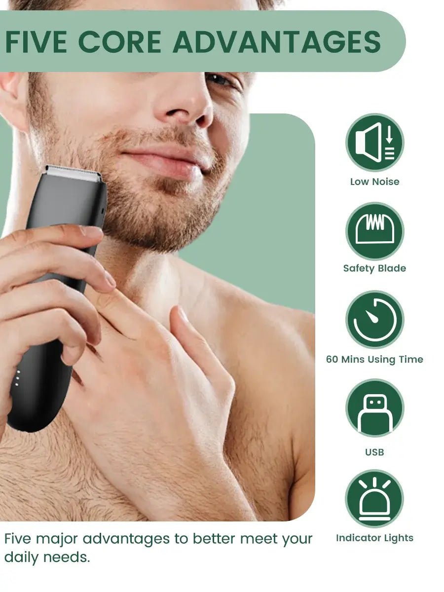 Men's Electric Groin & Body Shaver - Waterproof Dual Head Trimmer Kit w/ LED Light & Foil Blades.