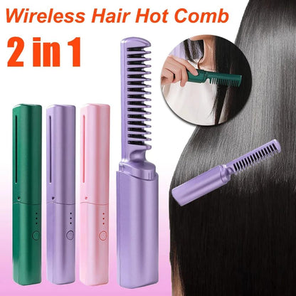 Professional Wireless Hair Straightener Curler Comb Fast Heating Negative Ion Straightening Curling Brush Hair Styling Tools.