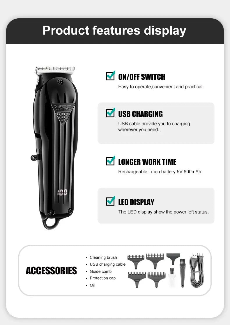 VGR Hair Trimmer Professional Hair Clipper Electric T-Blade Hair Cutting Machine 0mm LED Display Barber Trimmer for Men V-982.
