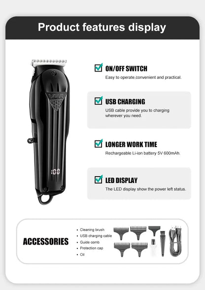 VGR Hair Trimmer Professional Hair Clipper Electric T-Blade Hair Cutting Machine 0mm LED Display Barber Trimmer for Men V-982.
