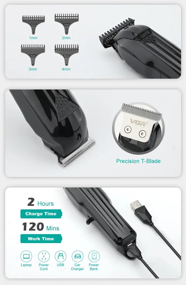 VGR Hair Trimmer Professional Hair Clipper Electric T-Blade Hair Cutting Machine 0mm LED Display Barber Trimmer for Men V-982.