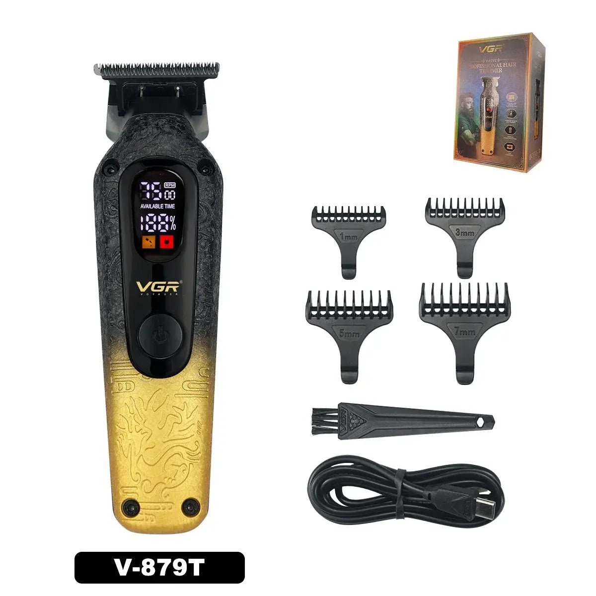 VGR V-879T Hair Trimmer for Men DLC Blade T-Blade 7500RPM LED Display 1500mAh Professional Hair Clipper Finishing Machine.