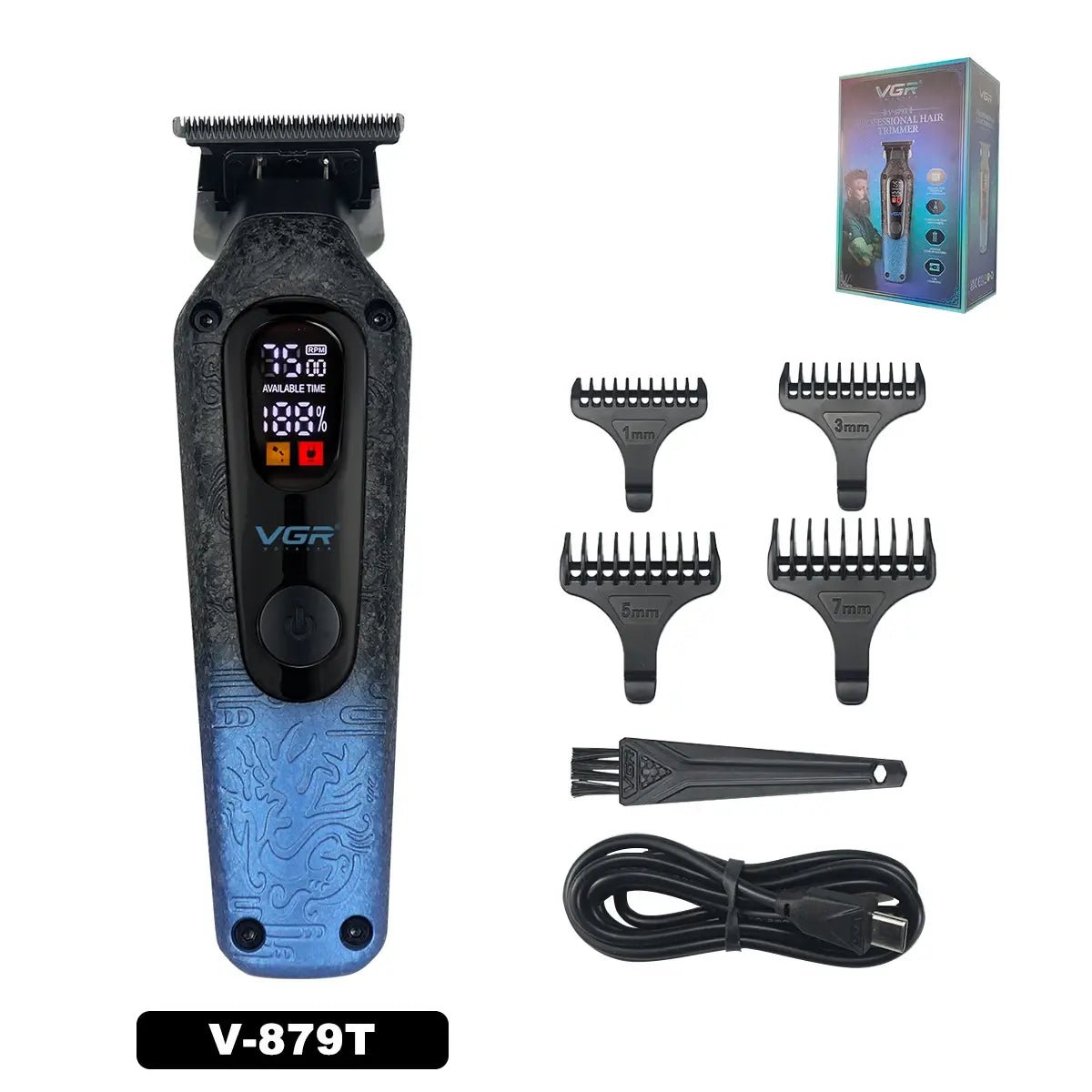 VGR V-879T Hair Trimmer for Men DLC Blade T-Blade 7500RPM LED Display 1500mAh Professional Hair Clipper Finishing Machine.